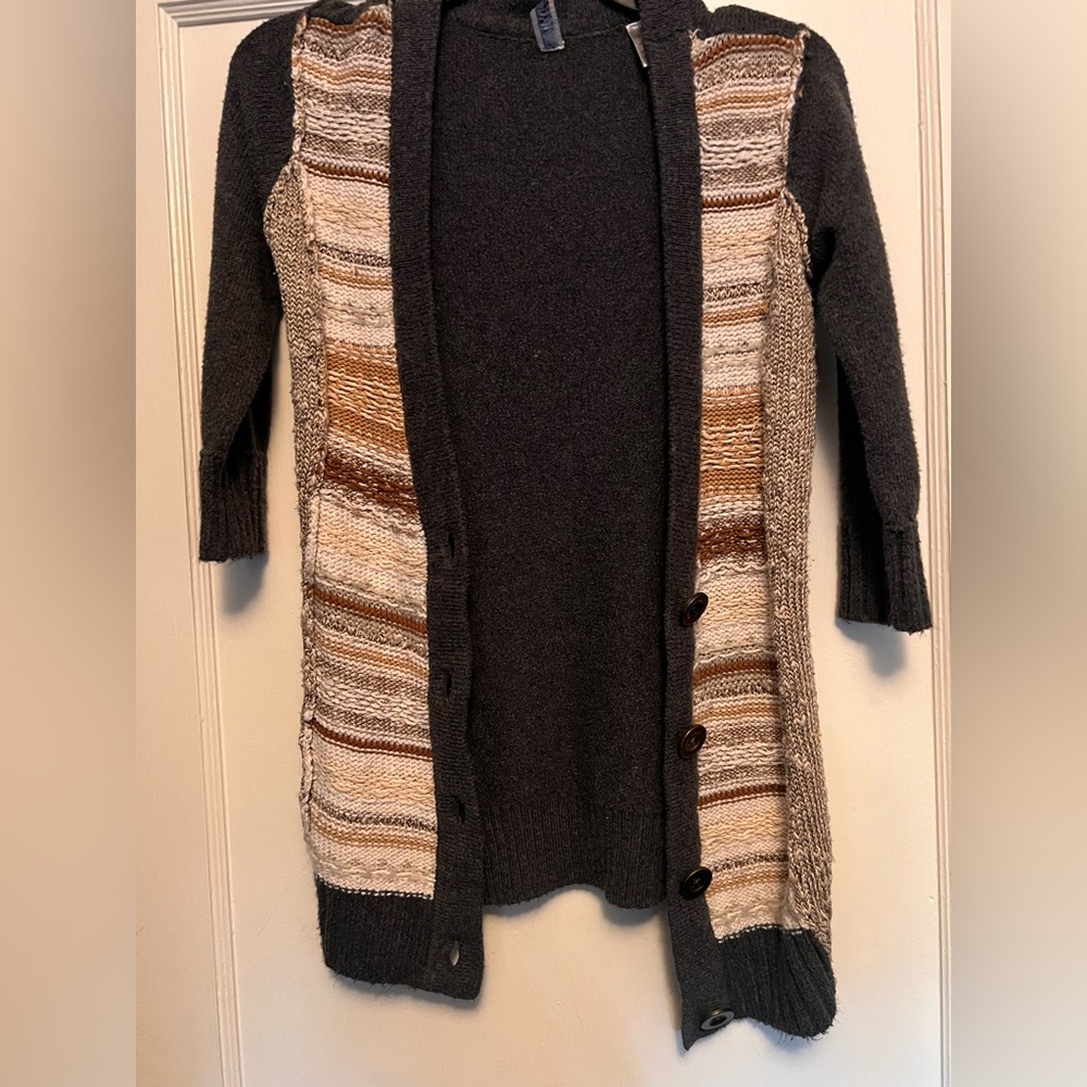 BKE Gray and Brown Cardigan Sweater with Striped Design